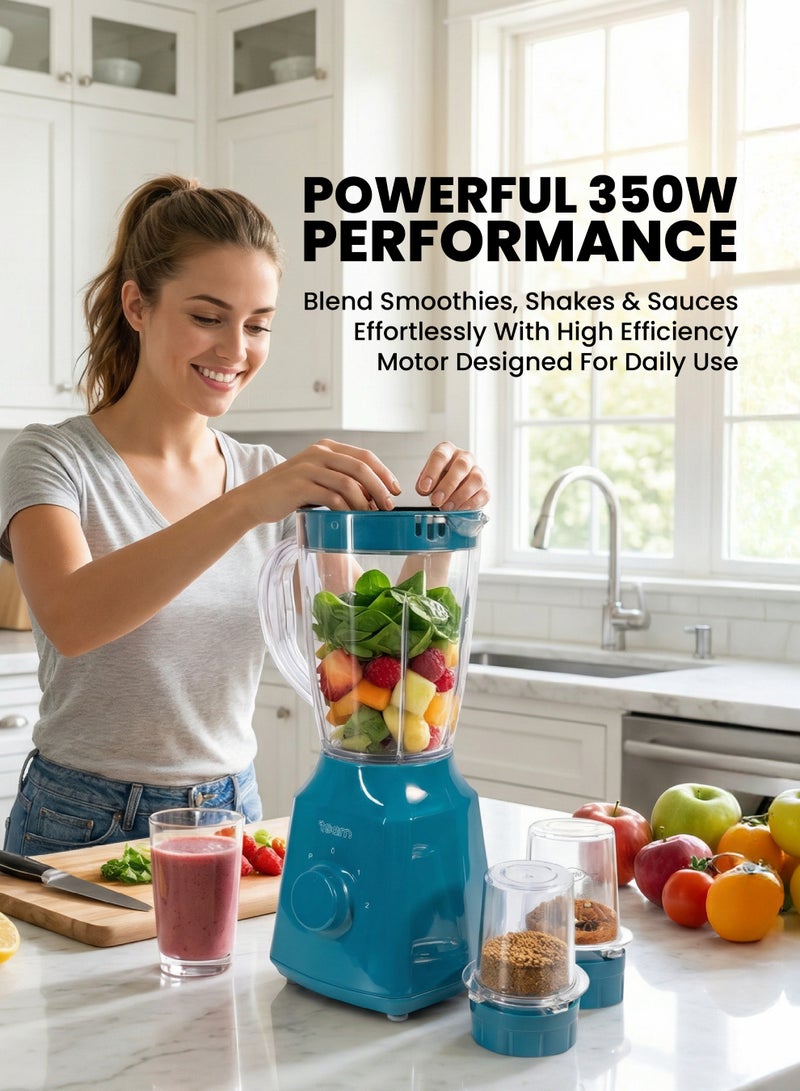 تيم Team 3‑in‑1 Blender Grinder Juicer Machine 350W, 1.5L Unbreakable Jar, Dry Mill & Grinding Cups, Stainless Steel Blades, 2 Speed with Pulse, Multi‑Purpose Mixer Blender for Kitchen - Image 2